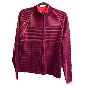 Annika Cutter & Buck Purple Pink Striped Full Zip Knit Sweater SZ Large Sporty